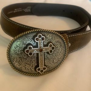 Genuine Leather Western Nocona Belt Co. Belt with Rhinestoned Cross Buckle